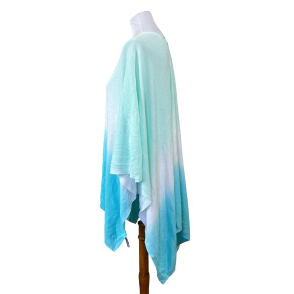 Talbots OS Cotton Modal Blend Knit Open Front Poncho Wrap Ombre Green White Blue - Picture 2 of 5